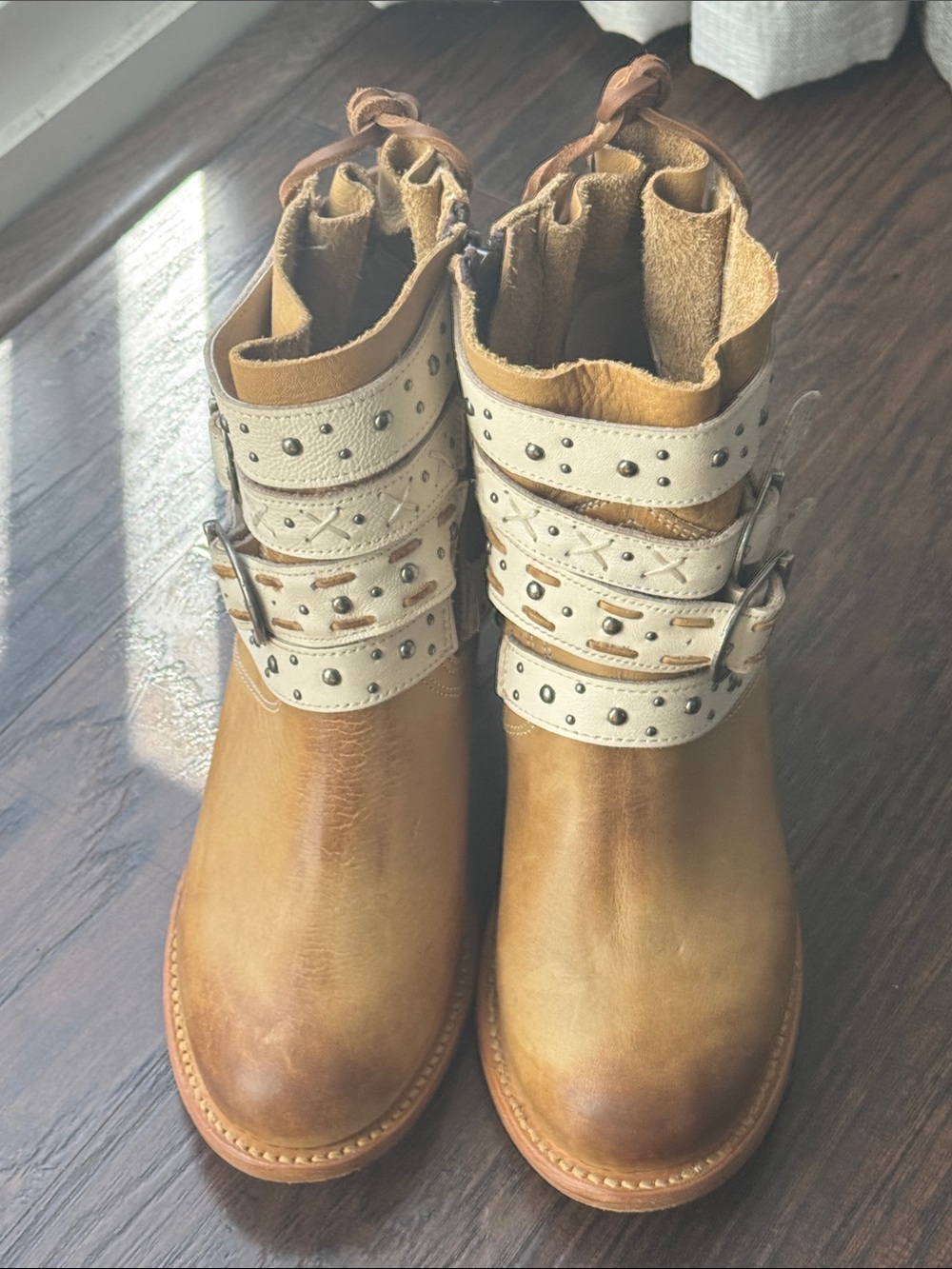 Freebird by Steven Tan and Cream Leather Ankle Boots with Studded Straps